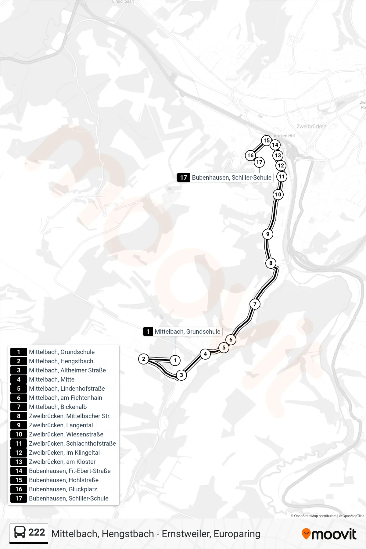 222 bus Line (Bubenhausen, Schiller-Schule) route and stops on a map