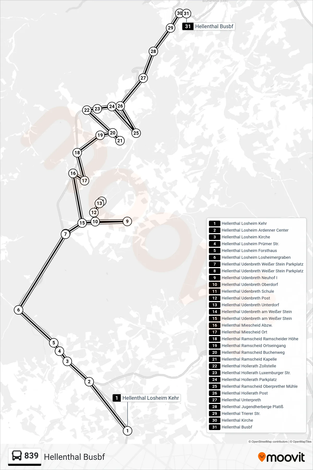 839 bus Line (Hellenthal Busbf) route and stops on a map