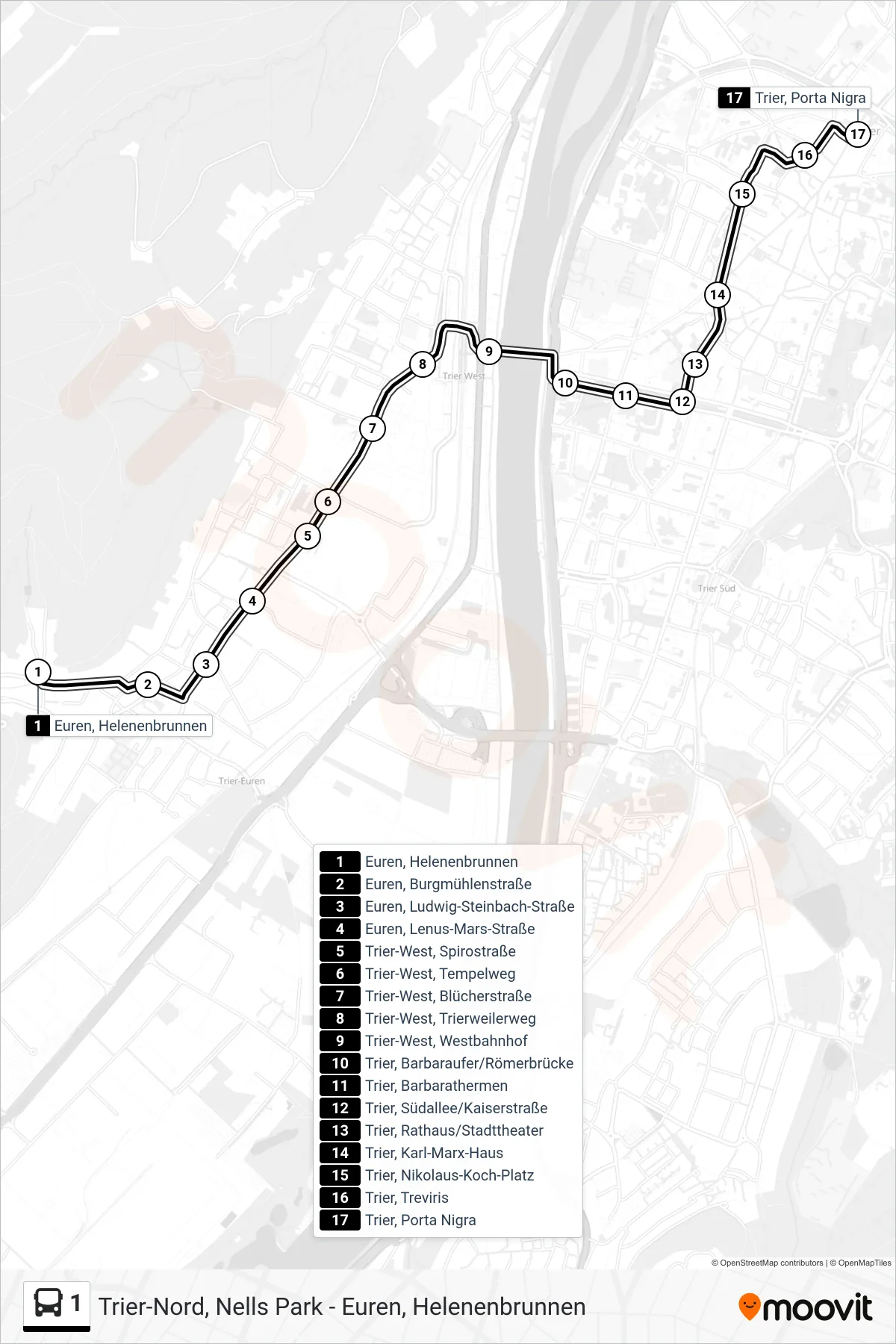 1 bus Line (Trier, Porta Nigra) route and stops on a map
