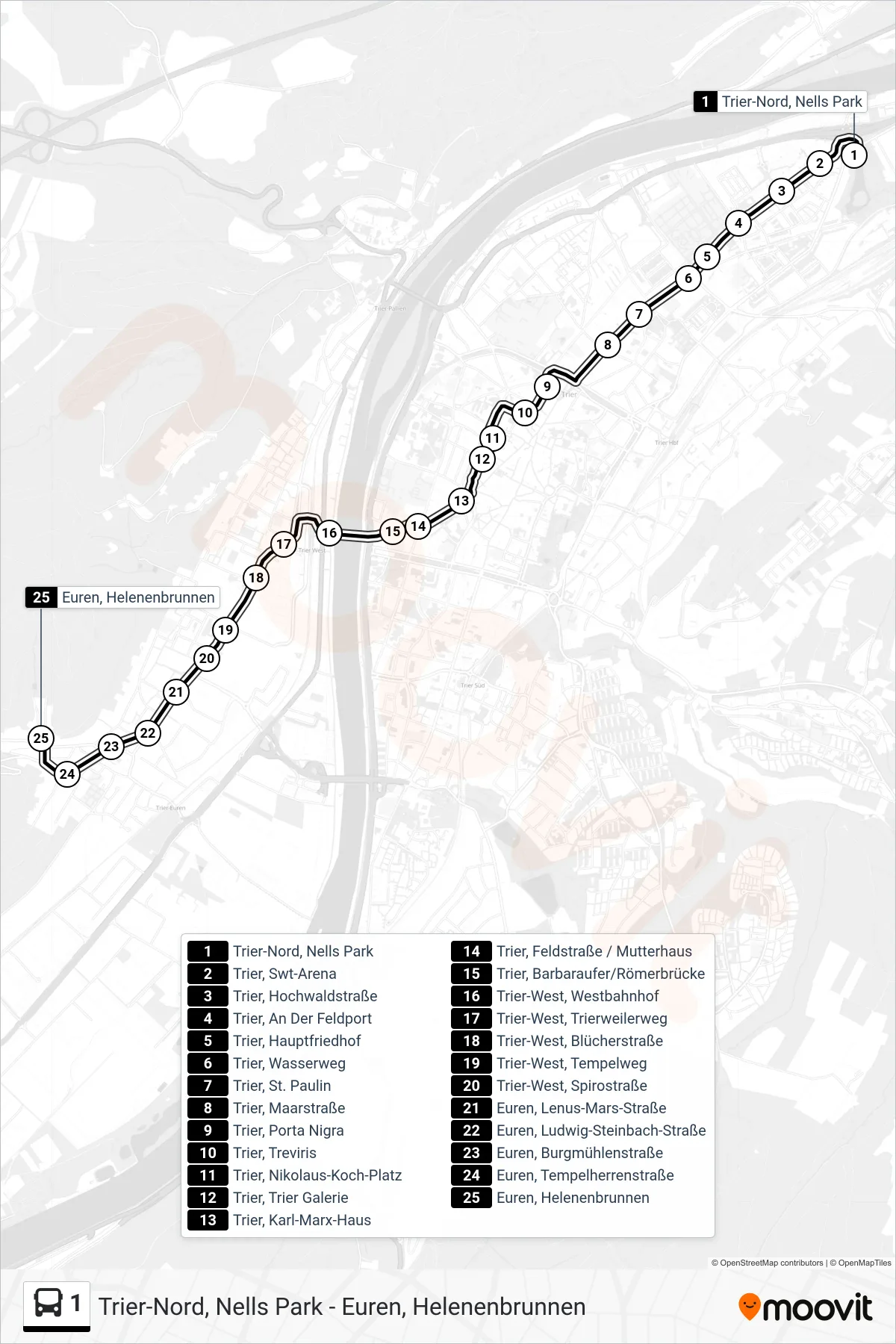 1 bus Line (Euren, Helenenbrunnen) route and stops on a map
