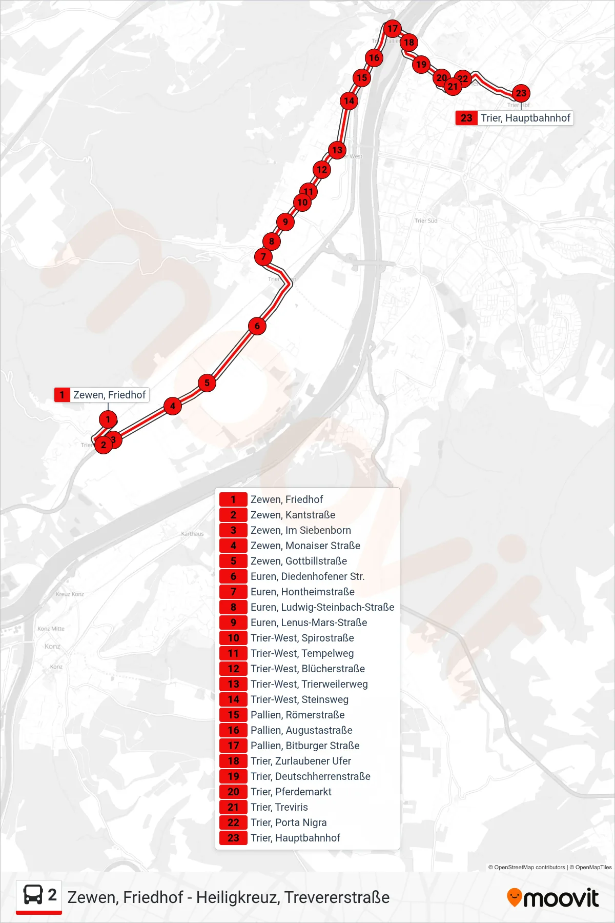 2 bus Line (Trier, Hauptbahnhof) route and stops on a map