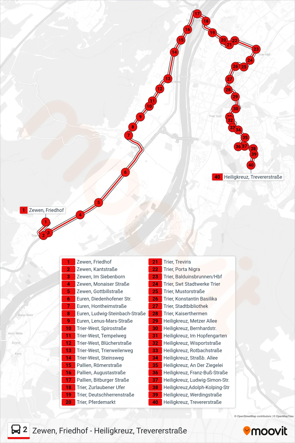 2 bus Line (Heiligkreuz, Trevererstraße) route and stops on a map