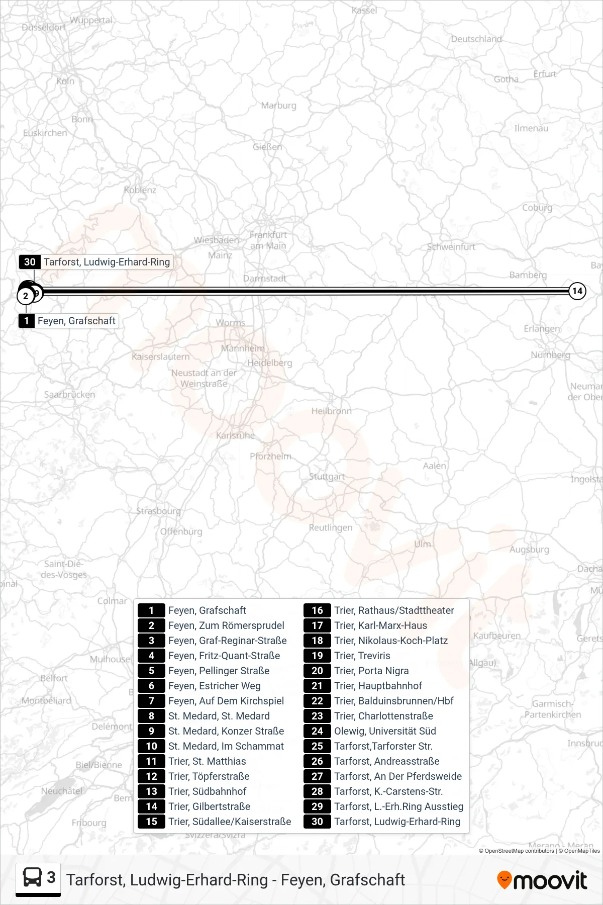 3 bus Line (Tarforst, Ludwig-Erhard-Ring) route and stops on a map