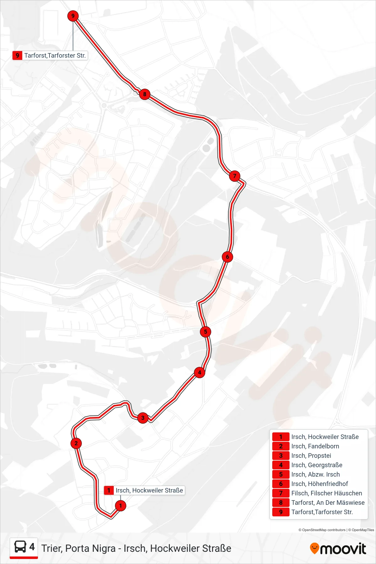 4 bus Line (Tarforst,Tarforster Str.) route and stops on a map