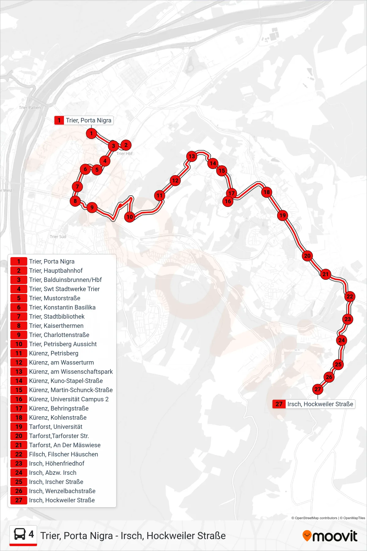 4 bus Line (Irsch, Hockweiler Straße) route and stops on a map