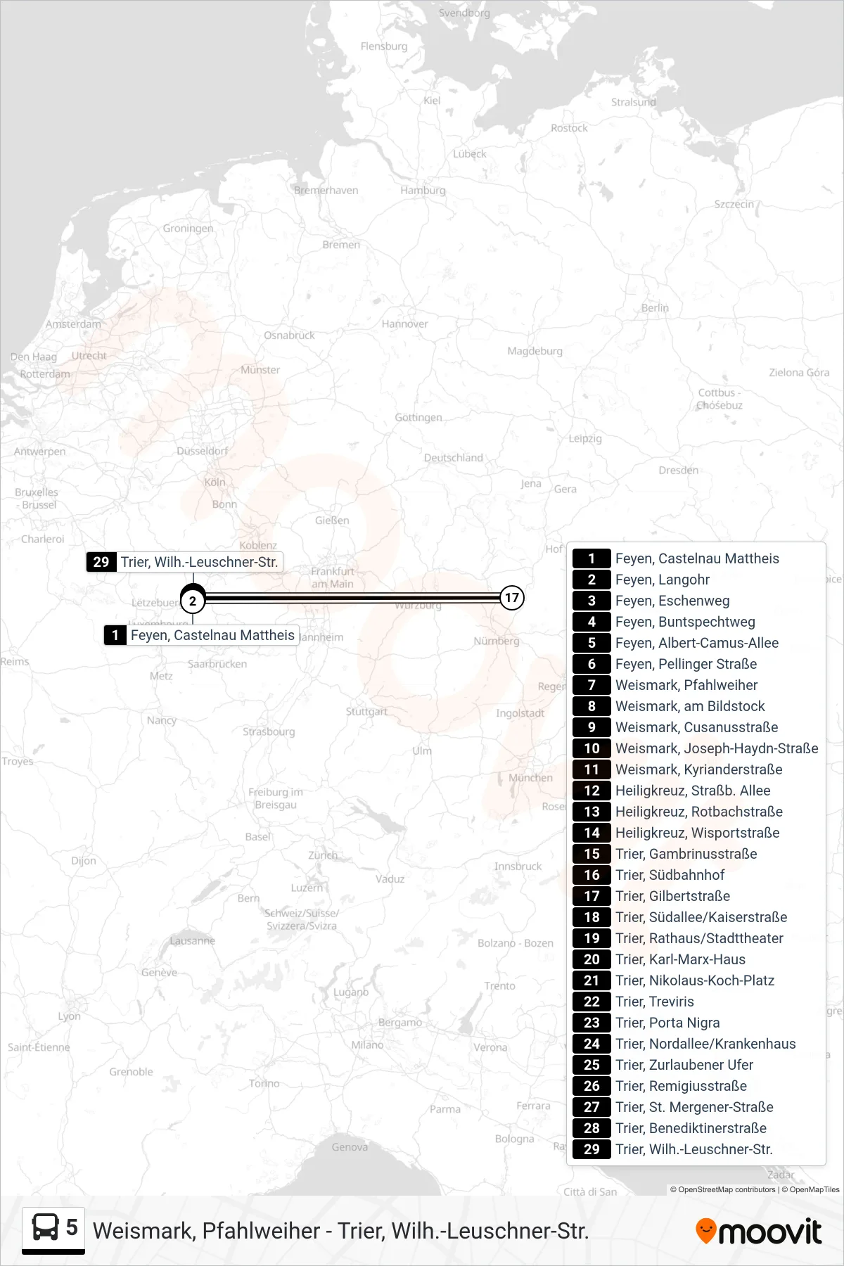 5 bus Line (Trier, Wilh.-Leuschner-Str.) route and stops on a map