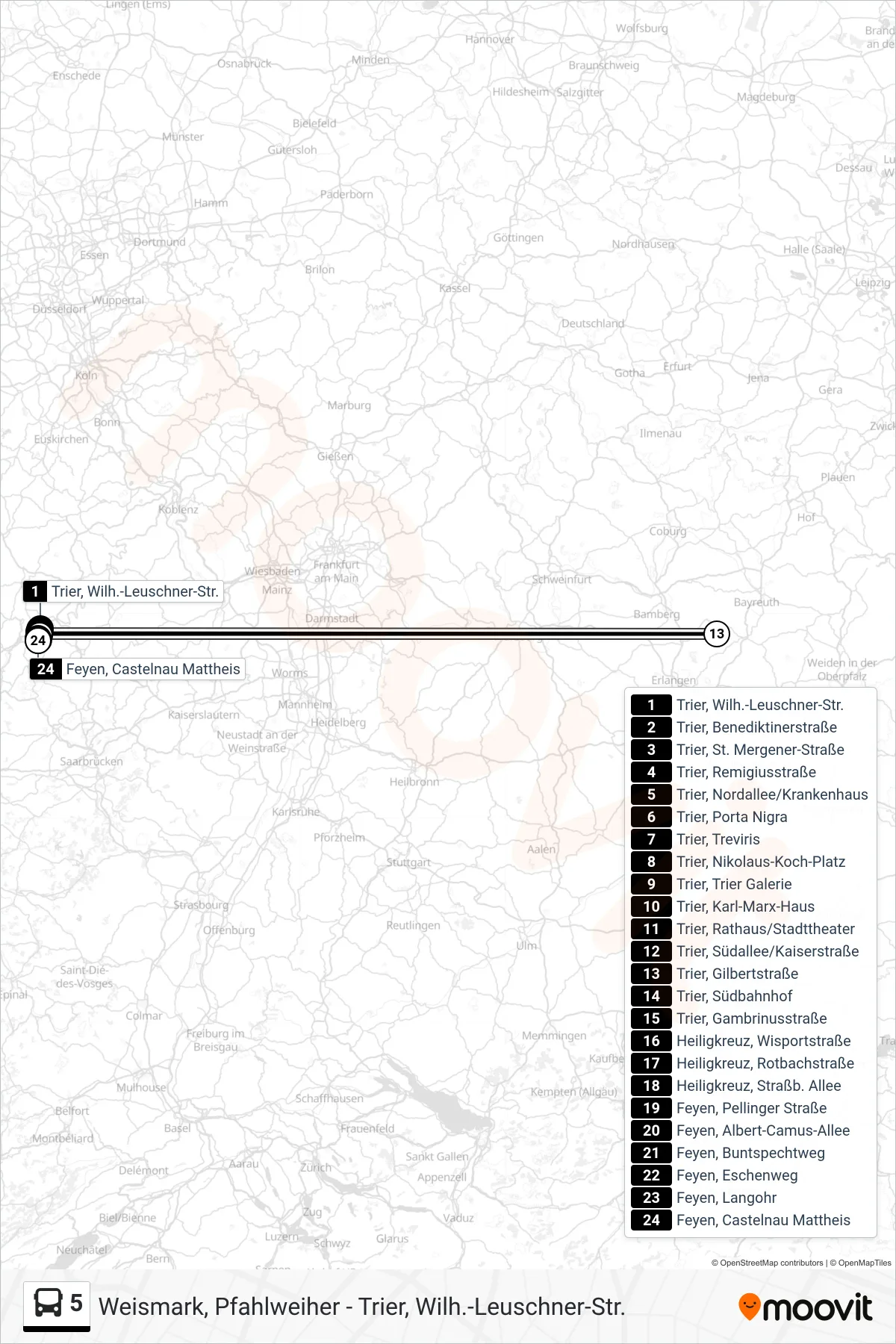 5 bus Line (Feyen, Castelnau Mattheis) route and stops on a map