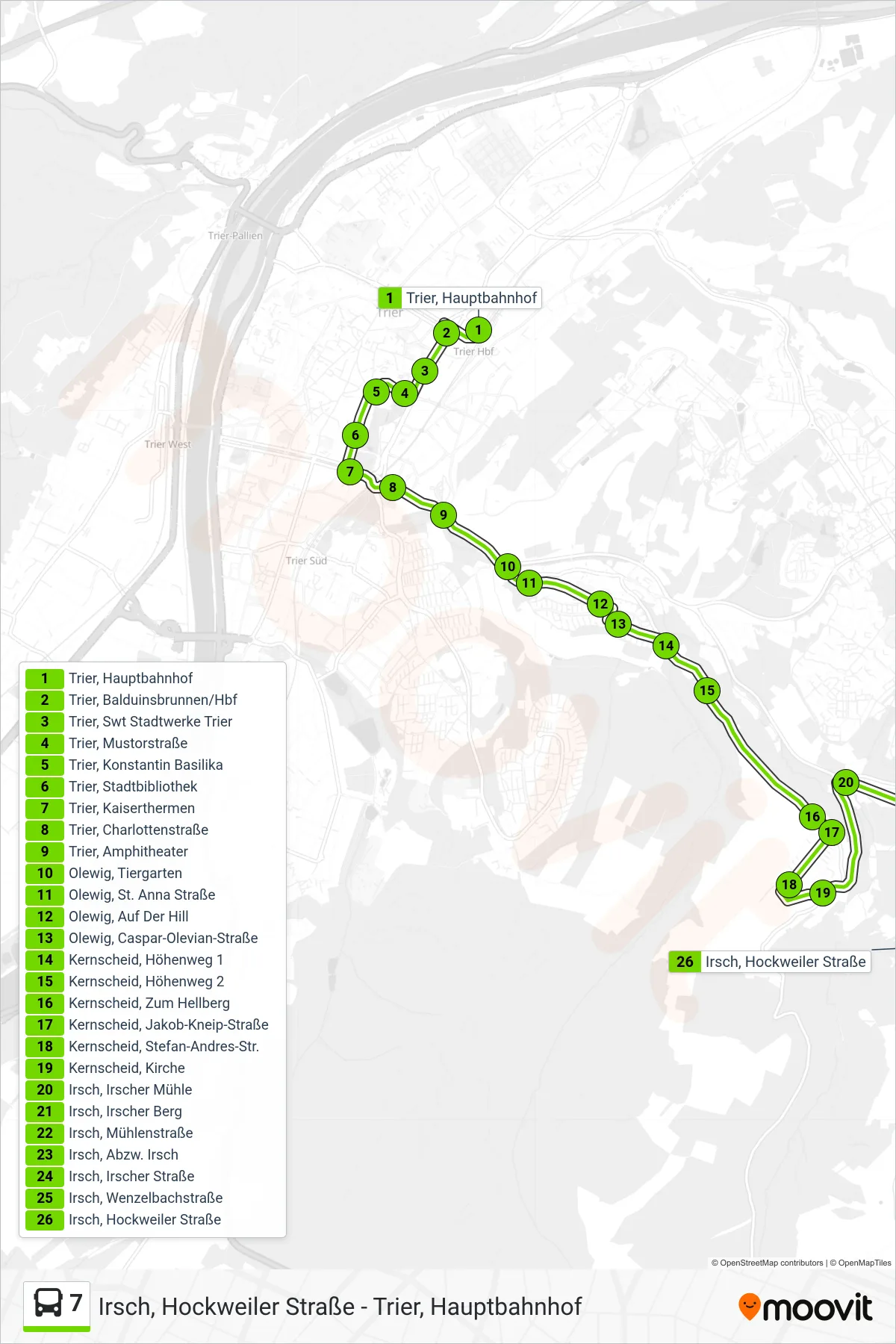 7 bus Line (Irsch, Hockweiler Straße) route and stops on a map