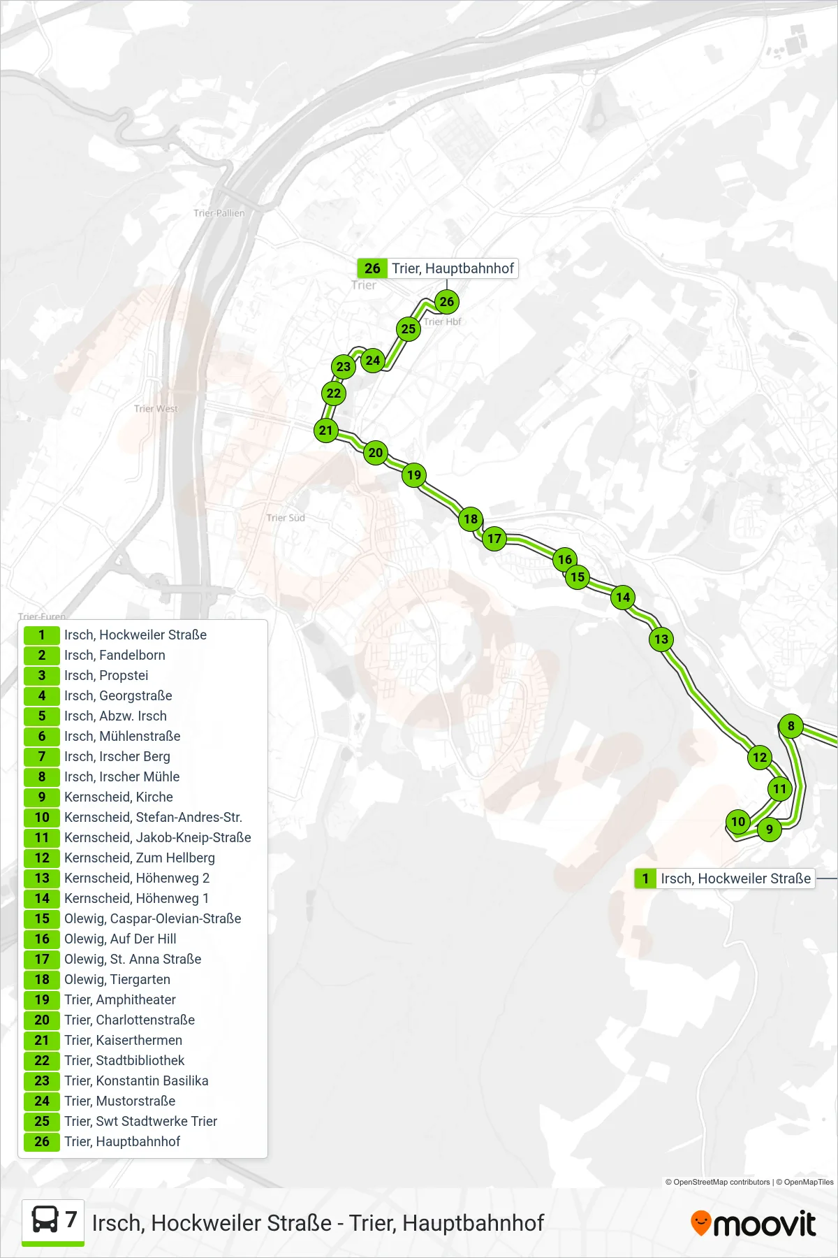 7 bus Line (Trier, Hauptbahnhof) route and stops on a map