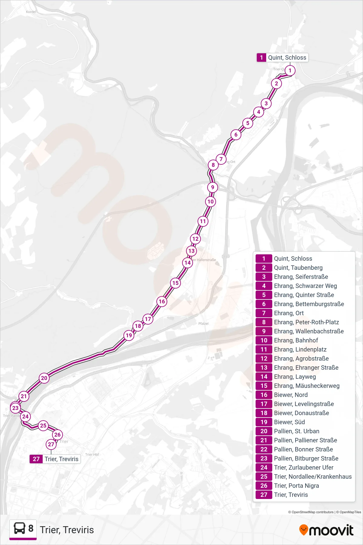 8 bus Line (Trier, Treviris) route and stops on a map