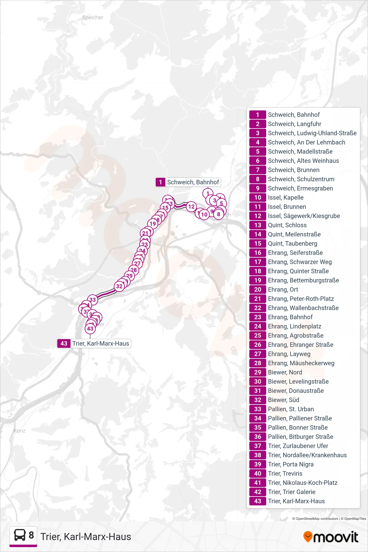 8 bus Line (Trier, Karl-Marx-Haus) route and stops on a map