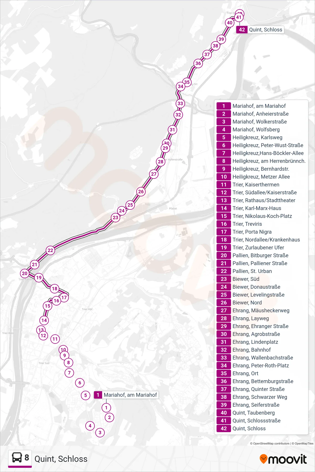 Linie 8 (Bus) Richtung Quint, Schloss: Route und Haltestellen auf der Karte