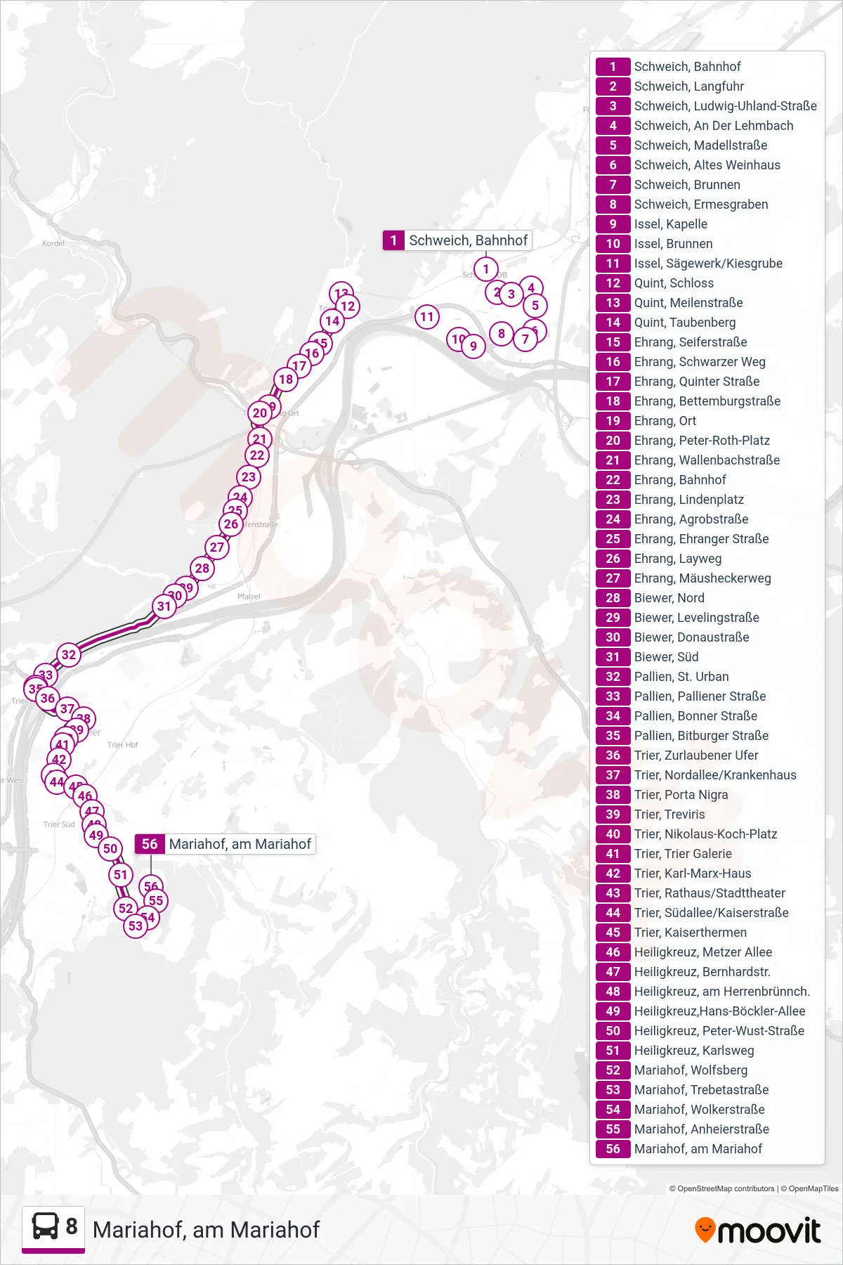 8 bus Line (Mariahof, am Mariahof) route and stops on a map