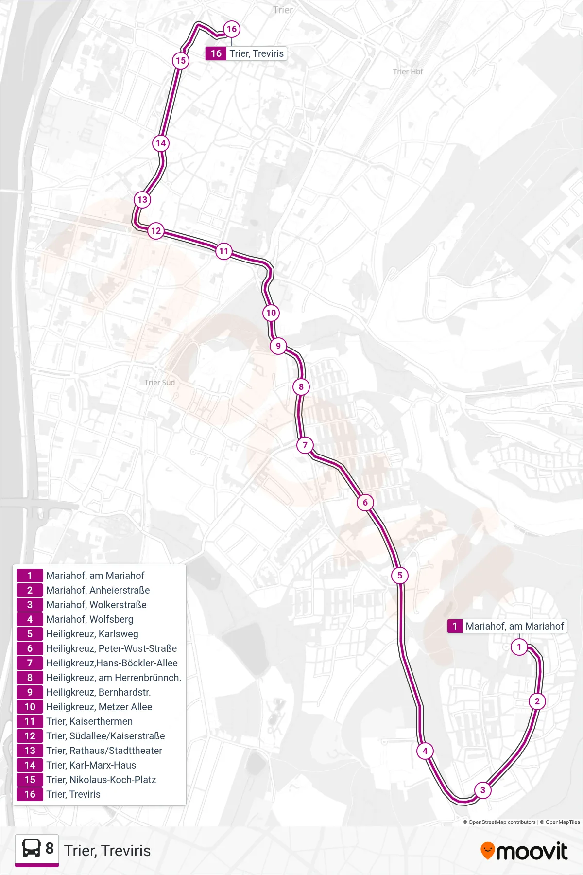 8 bus Line (Trier, Treviris) route and stops on a map