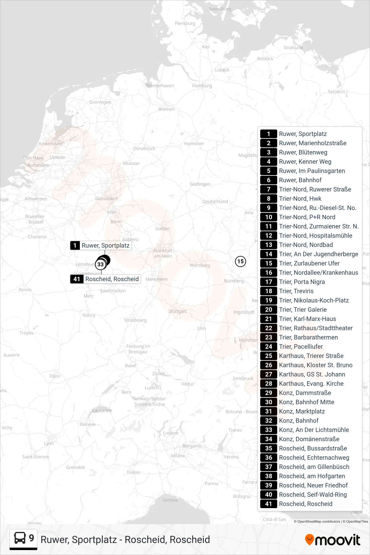 9 bus Line (Roscheid, Roscheid) route and stops on a map