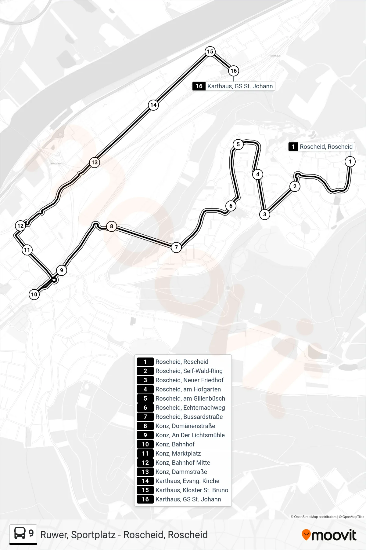 9 bus Line (Karthaus, GS St. Johann) route and stops on a map