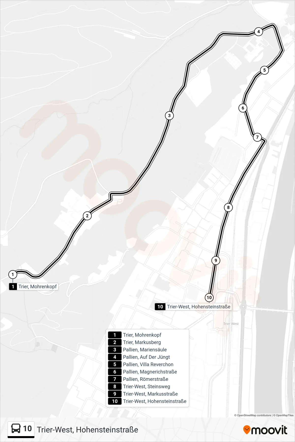 Linie 10 (Bus) Richtung Trier-West, Hohensteinstraße: Route und Haltestellen auf der Karte