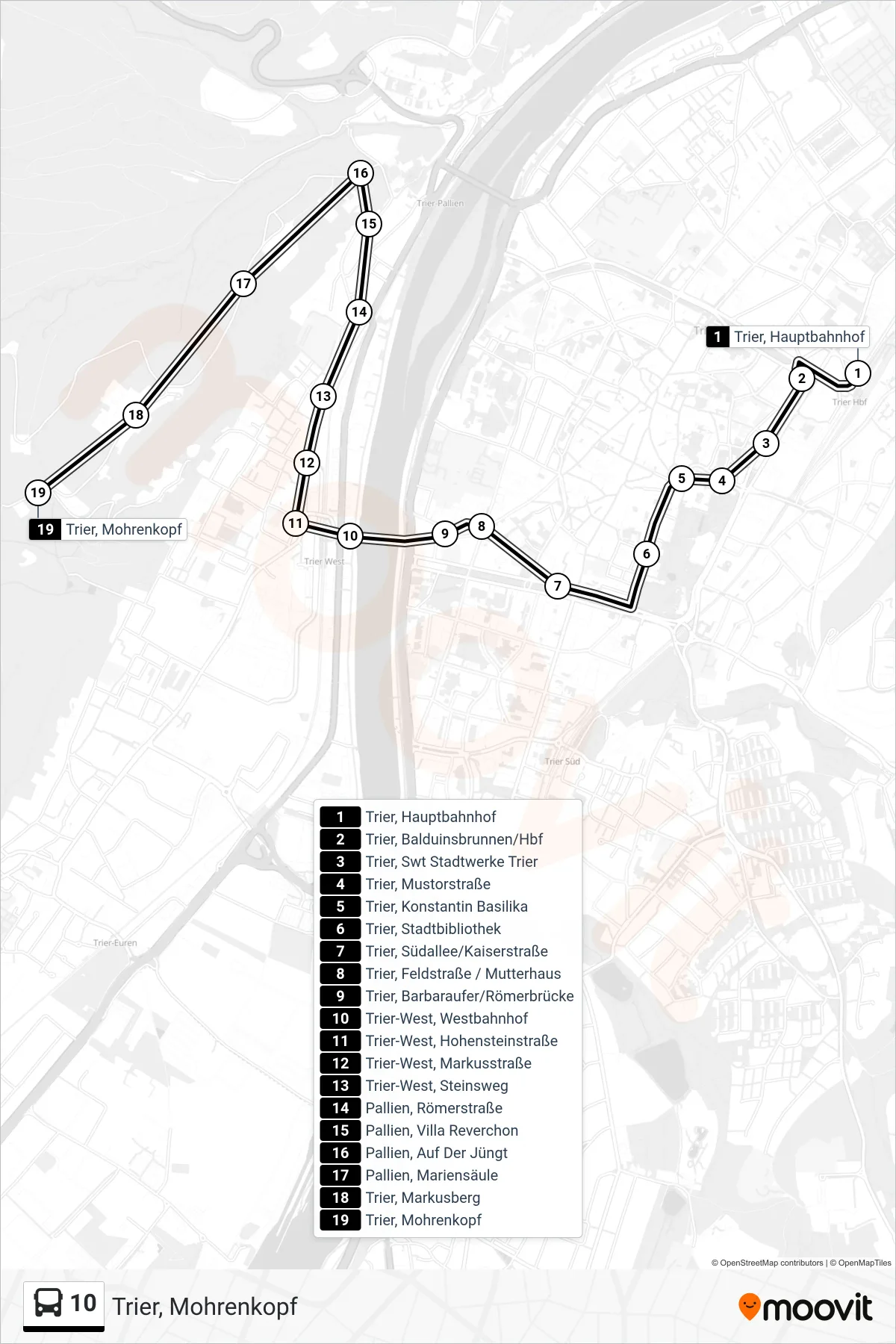 10 bus Line (Trier, Mohrenkopf) route and stops on a map