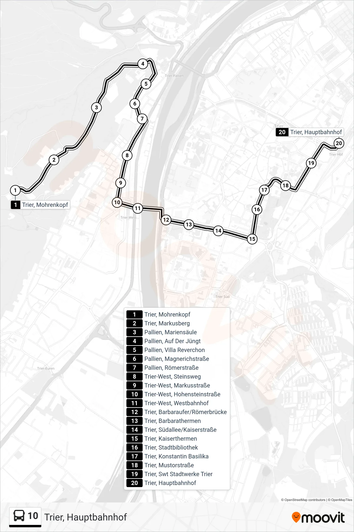 10 bus Line (Trier, Hauptbahnhof) route and stops on a map
