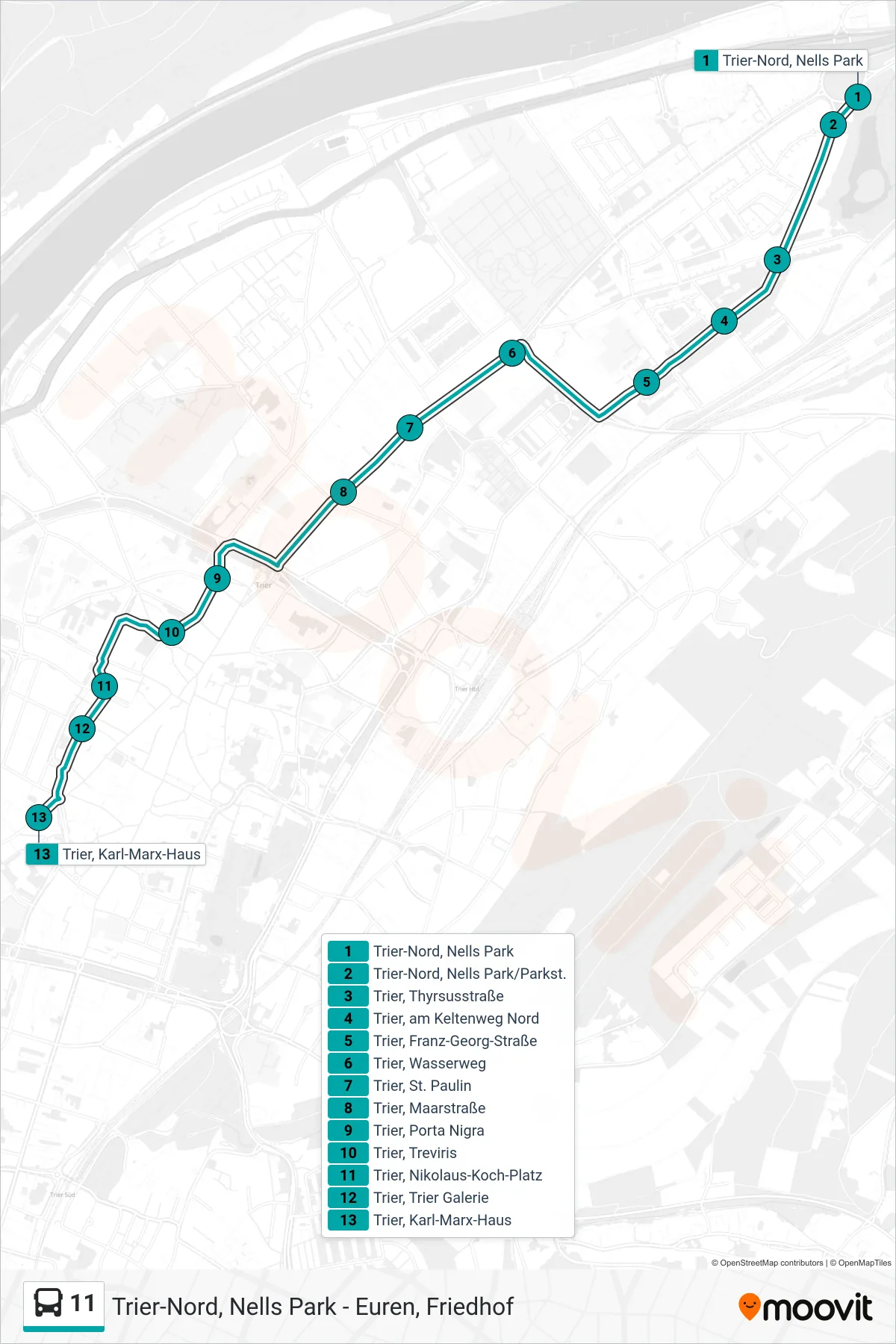 11 bus Line (Trier, Karl-Marx-Haus) route and stops on a map