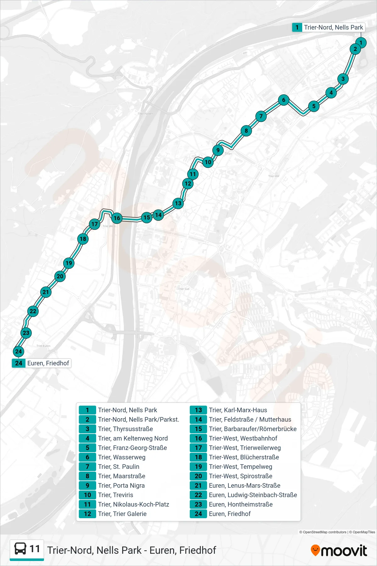 11 bus Line (Euren, Friedhof) route and stops on a map