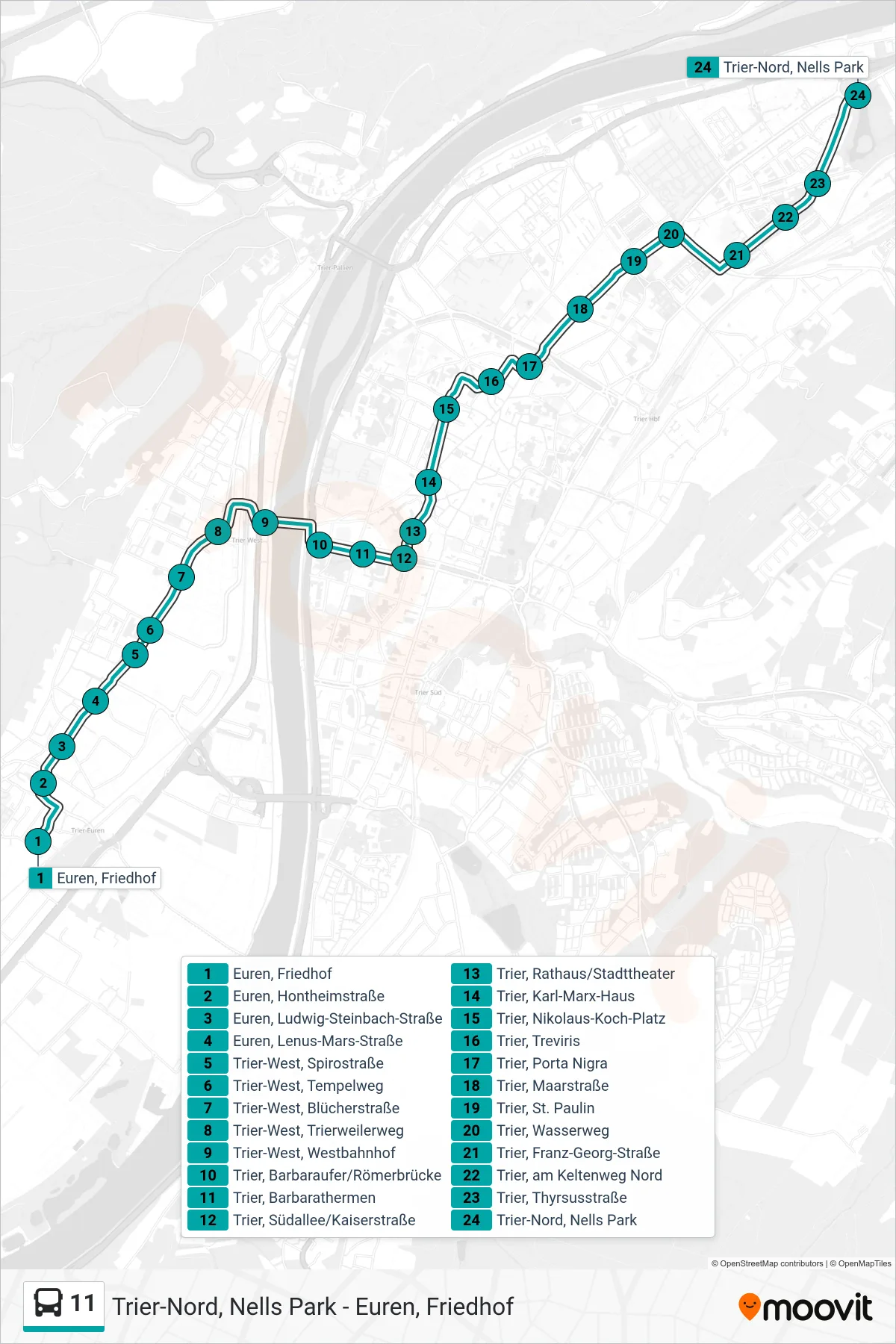 Linie 11 (Bus) Richtung Trier-Nord, Nells Park: Route und Haltestellen auf der Karte