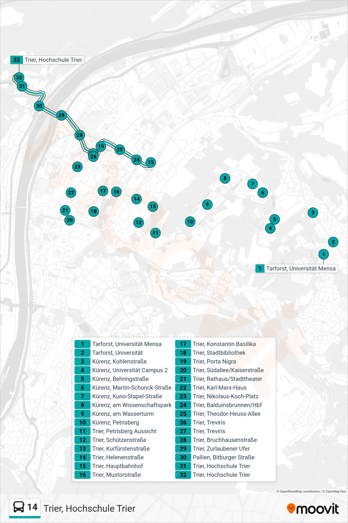 Linie 14 (Bus) Richtung Trier, Hochschule Trier: Route und Haltestellen auf der Karte