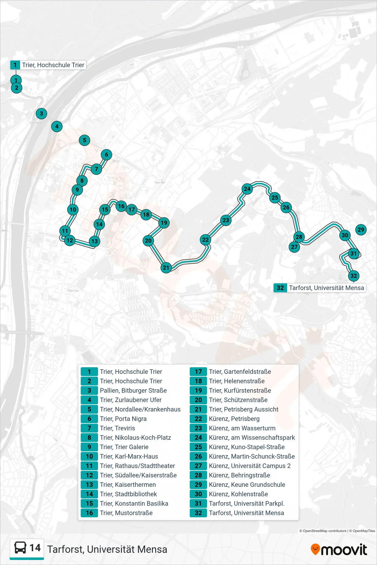 14 bus Line (Tarforst, Universität Mensa) route and stops on a map