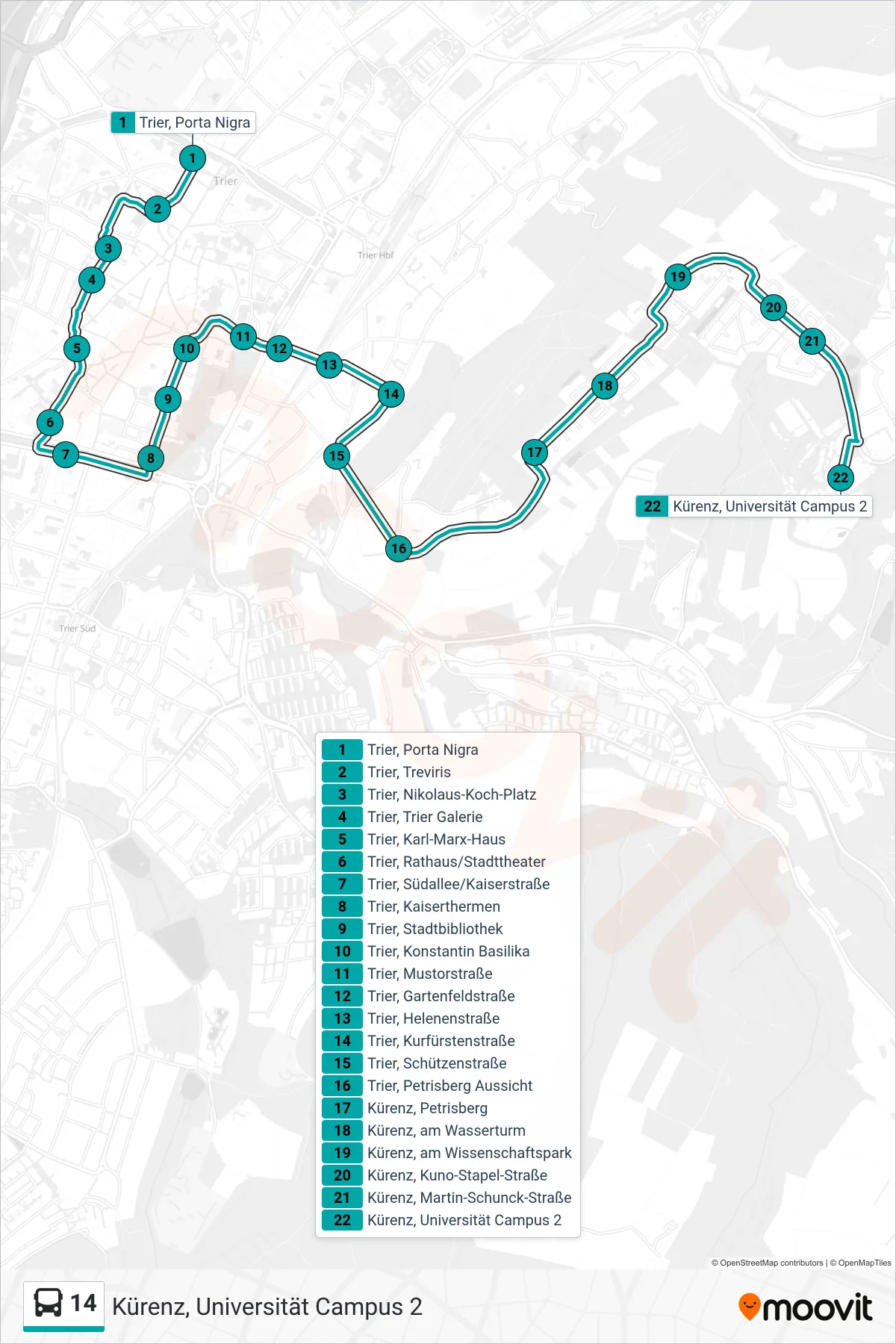 14 bus Line (Kürenz, Universität Campus 2) route and stops on a map