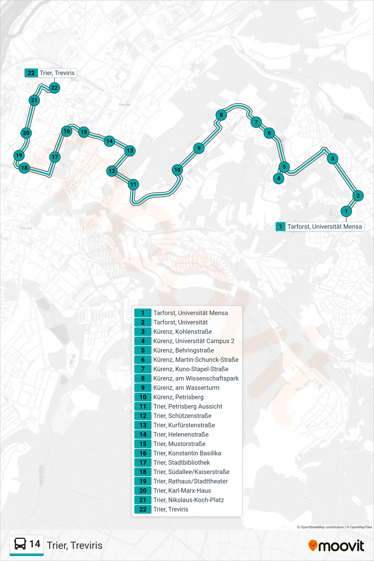 14 bus Line (Trier, Treviris) route and stops on a map