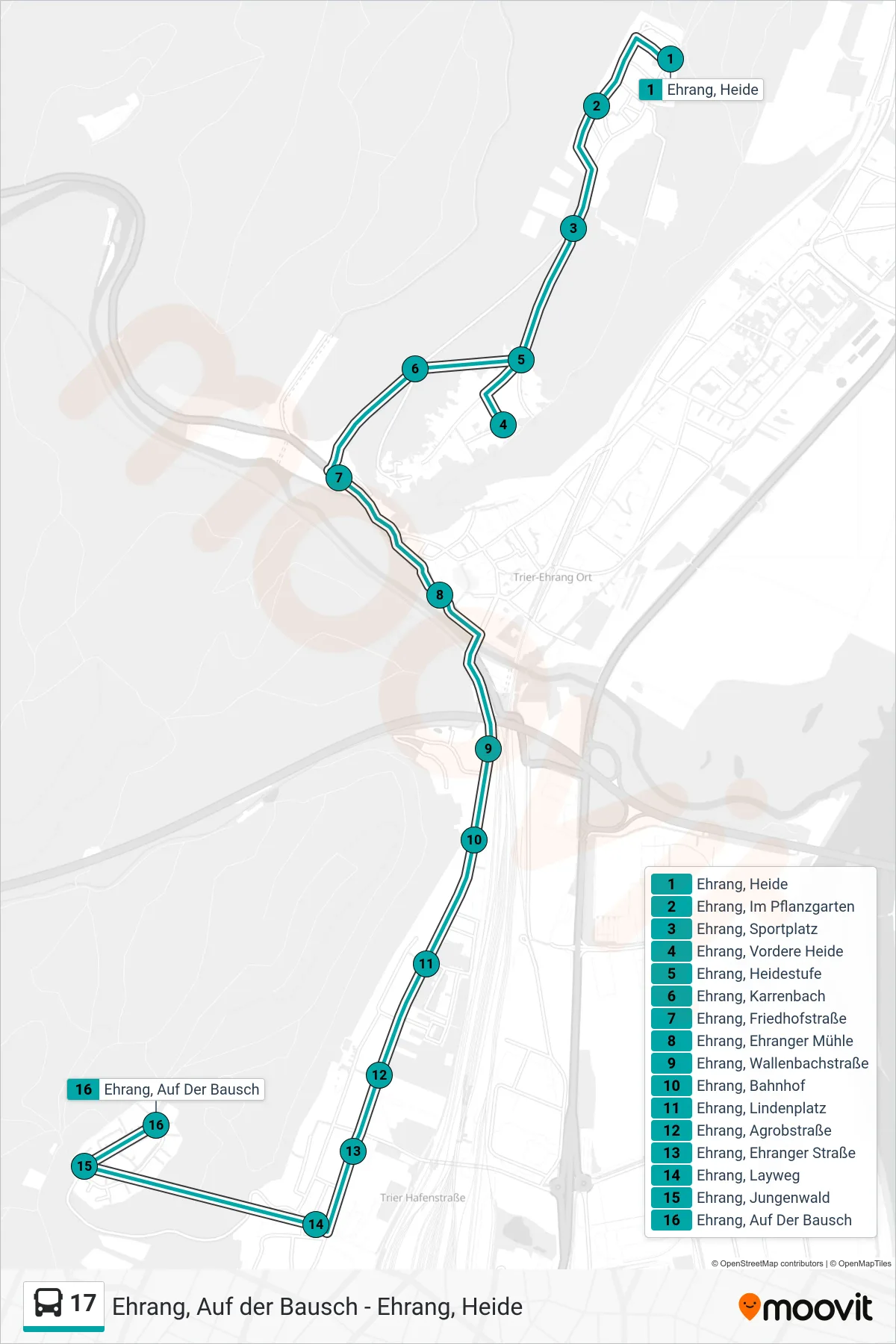 17 bus Line (Ehrang, Auf Der Bausch) route and stops on a map