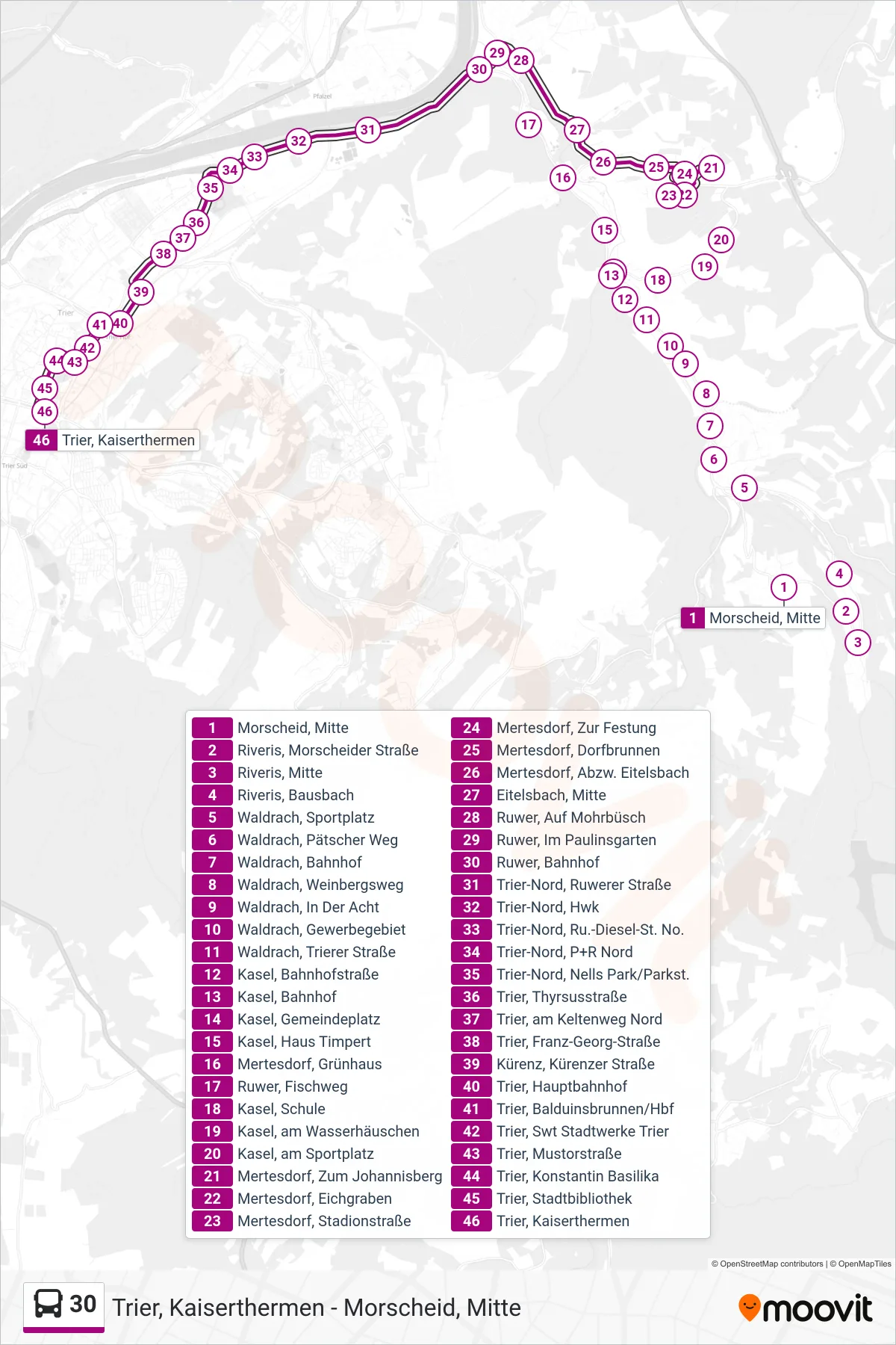 30 bus Line (Trier, Kaiserthermen) route and stops on a map
