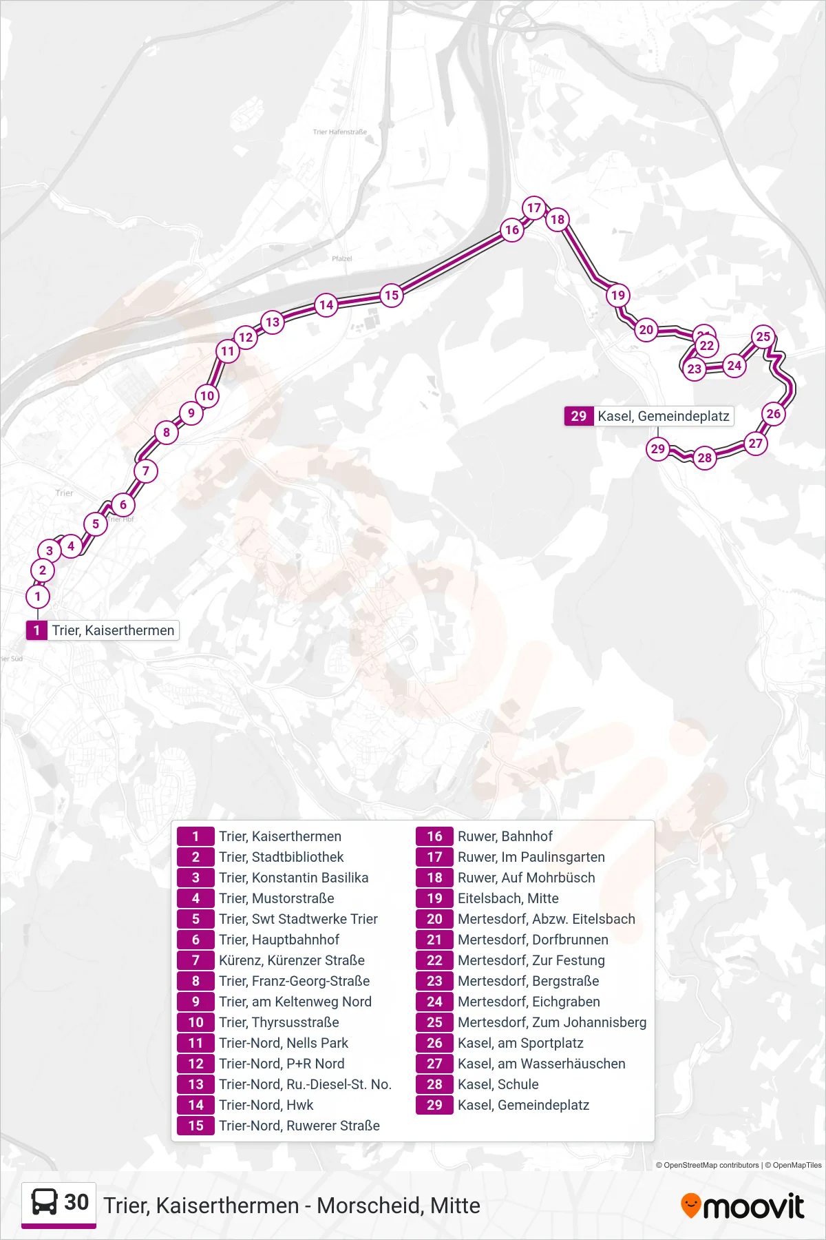 30 bus Line (Kasel, Gemeindeplatz) route and stops on a map