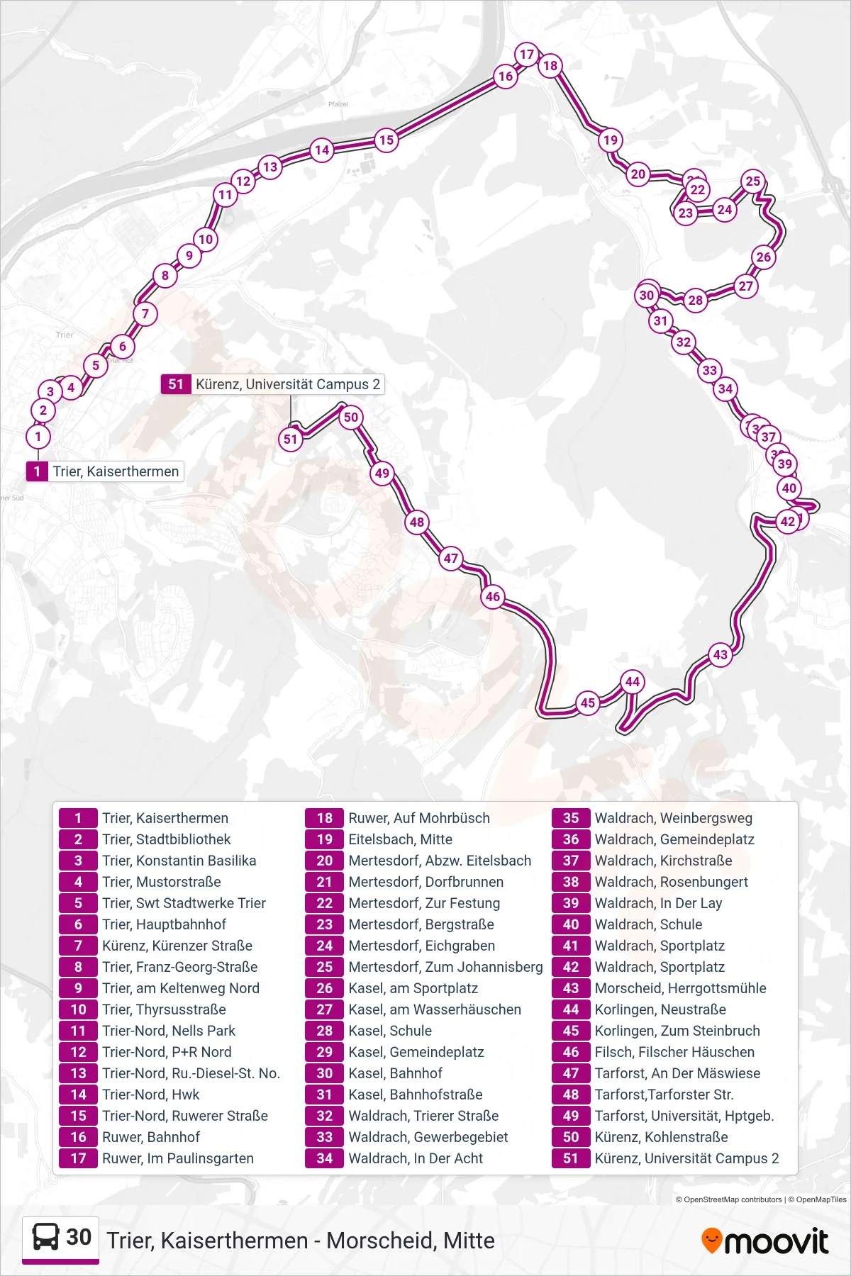 30 bus Line (Kürenz, Universität Campus 2) route and stops on a map