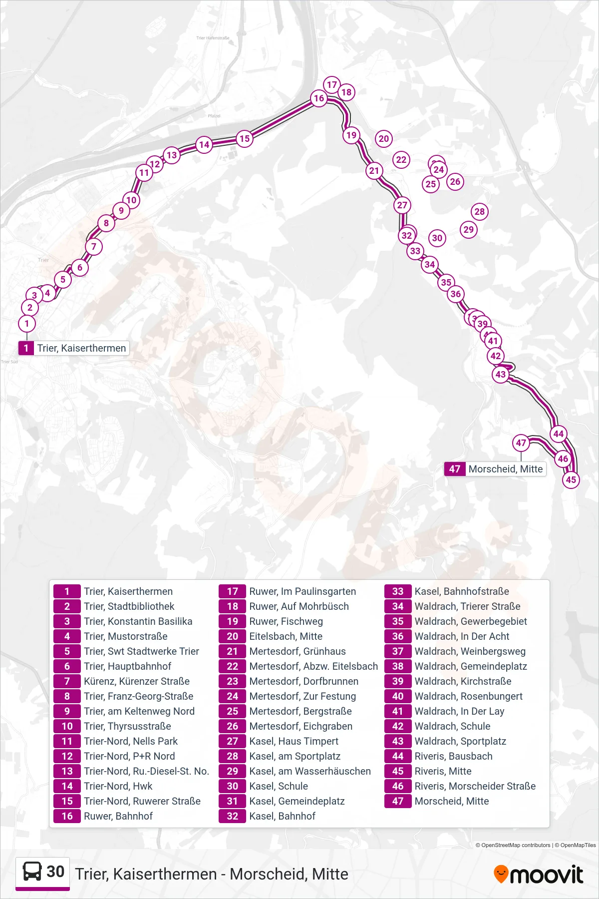 Linie 30 (Bus) Richtung Morscheid, Mitte: Route und Haltestellen auf der Karte
