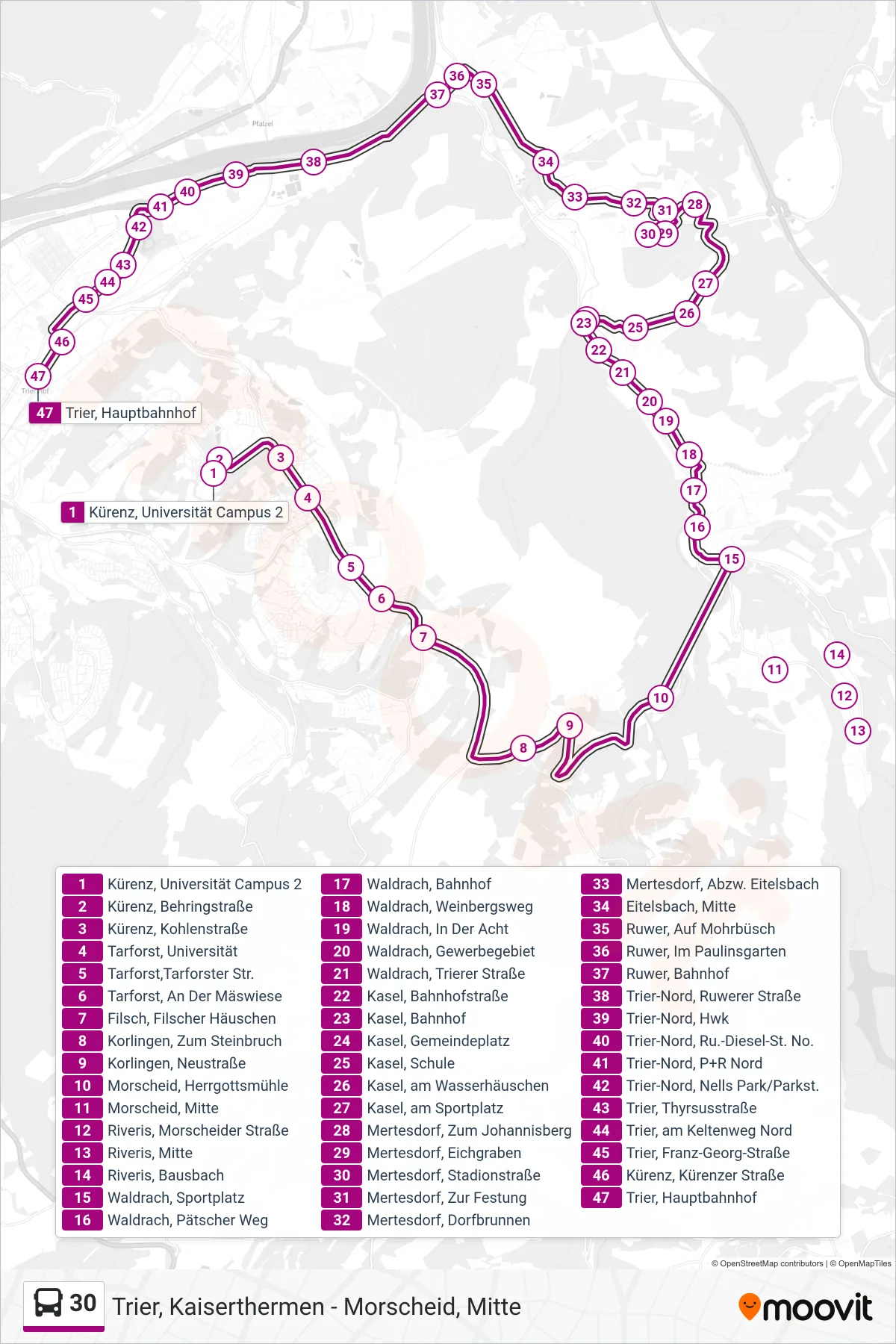 30 bus Line (Trier, Hauptbahnhof) route and stops on a map