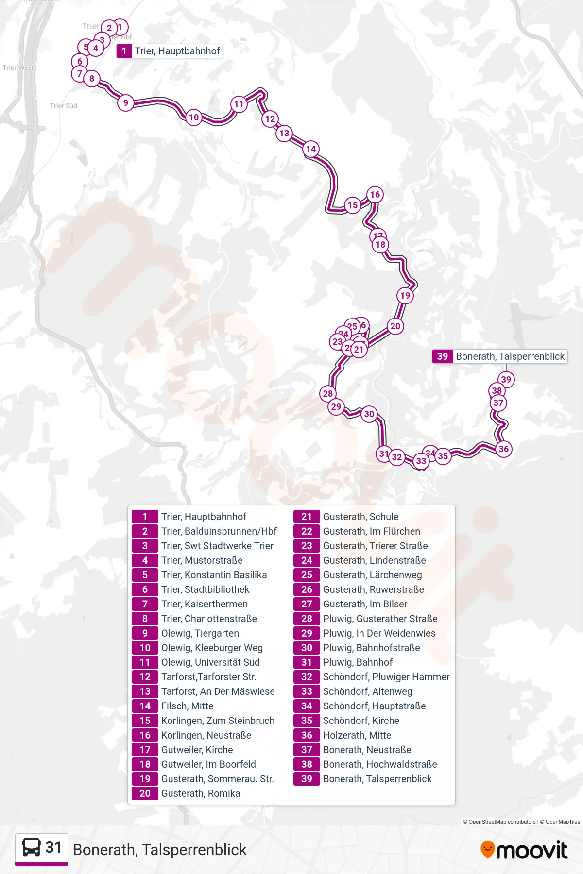 31 bus Line (Bonerath, Talsperrenblick) route and stops on a map