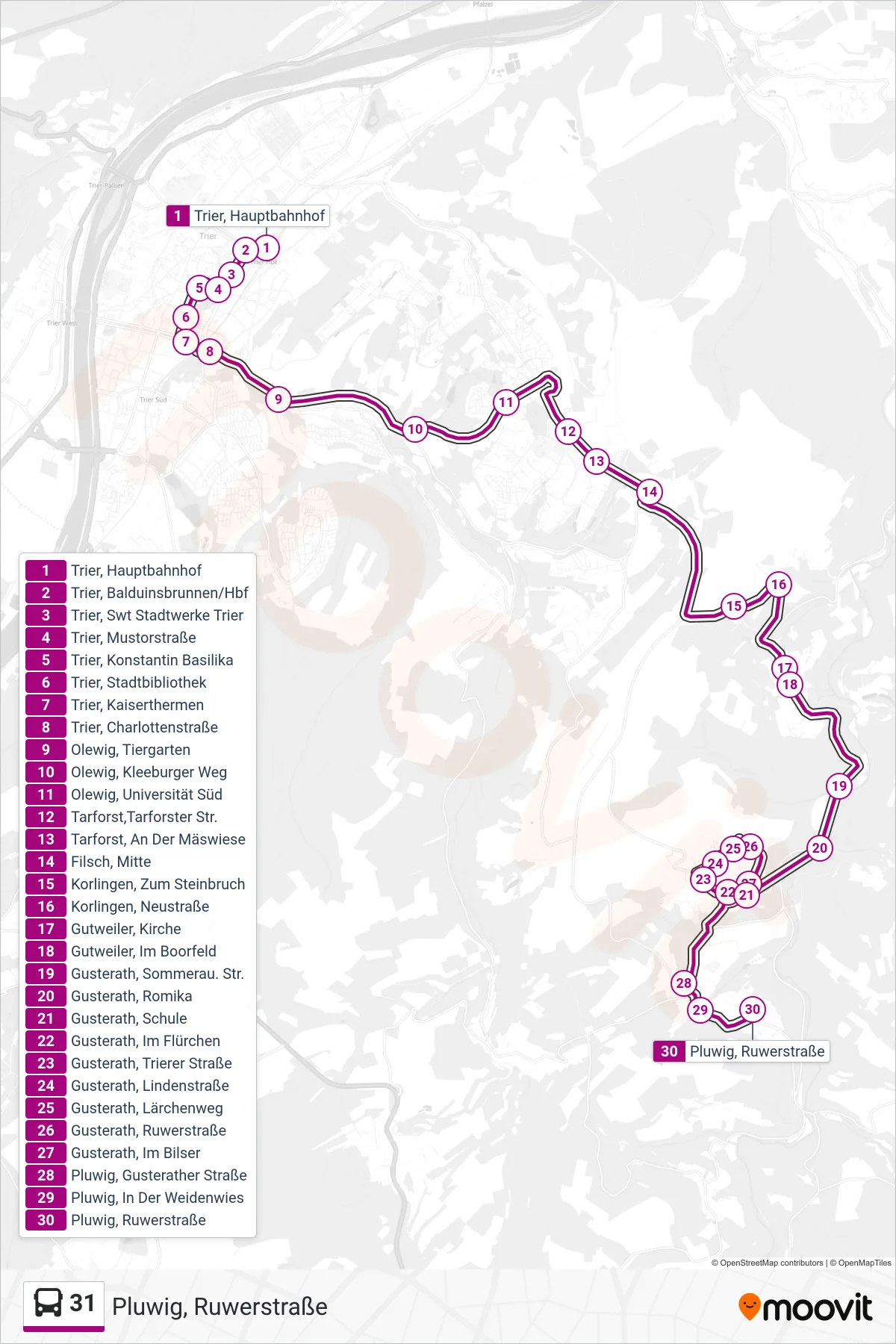 31 bus Line (Pluwig, Ruwerstraße) route and stops on a map