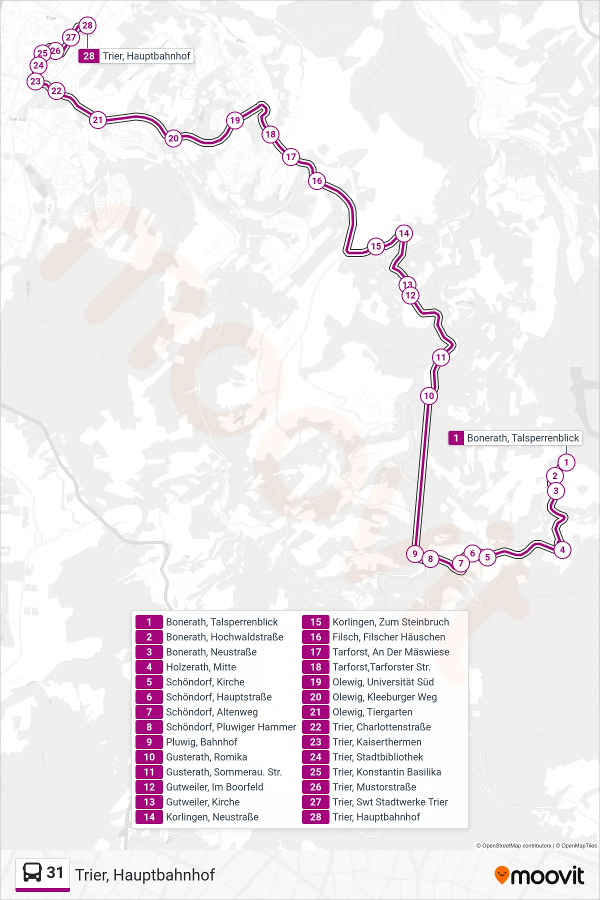 Linie 31 (Bus) Richtung Trier, Hauptbahnhof: Route und Haltestellen auf der Karte