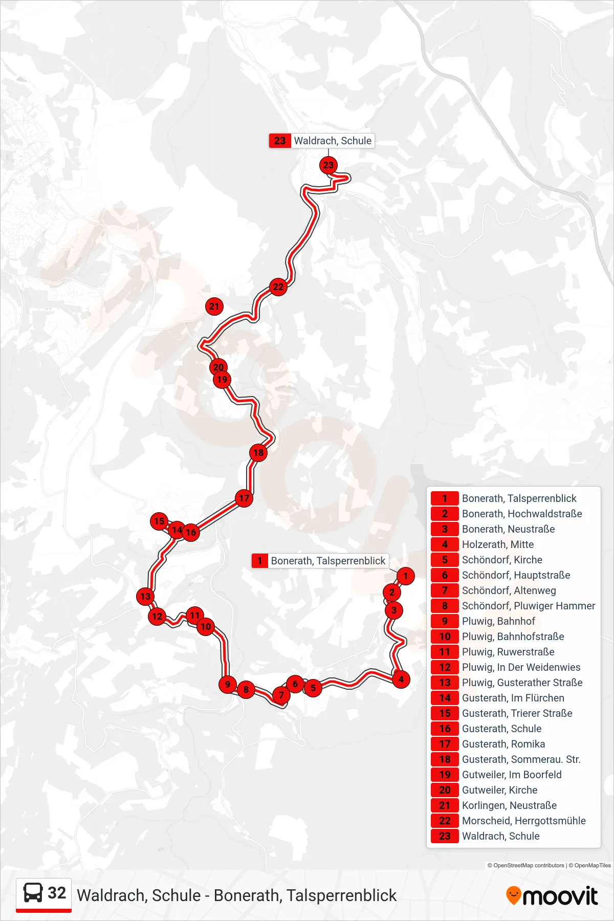 Linie 32 (Bus) Richtung Waldrach, Schule: Route und Haltestellen auf der Karte