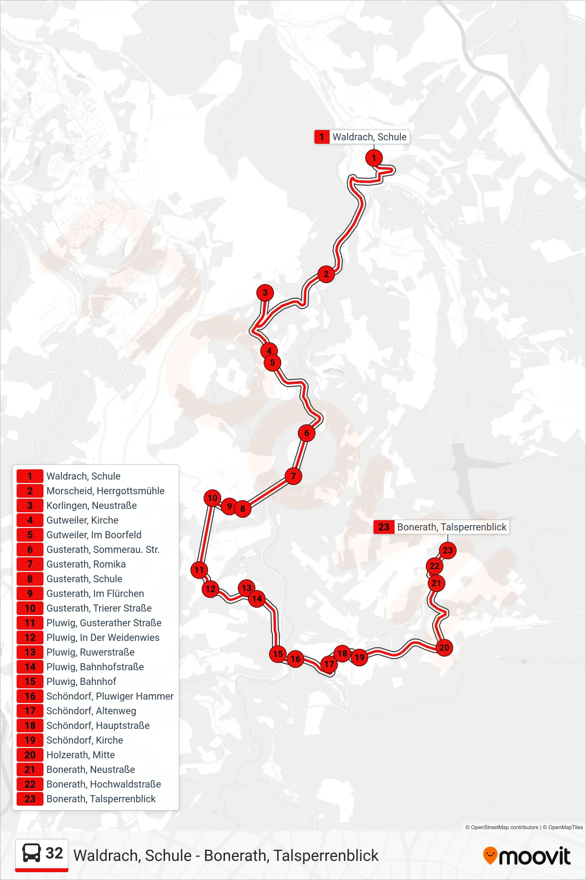 32 bus Line (Bonerath, Talsperrenblick) route and stops on a map