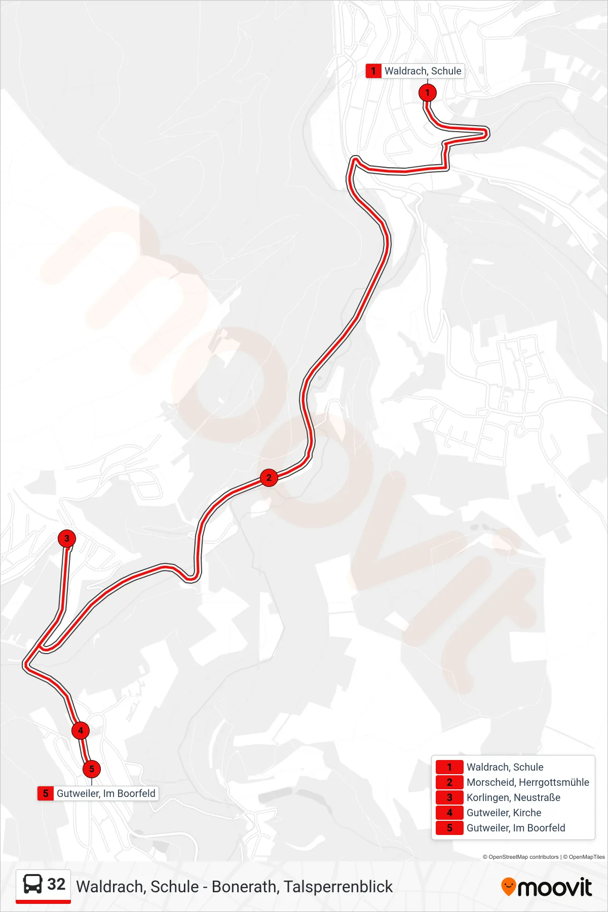 32 bus Line (Gutweiler, Im Boorfeld) route and stops on a map