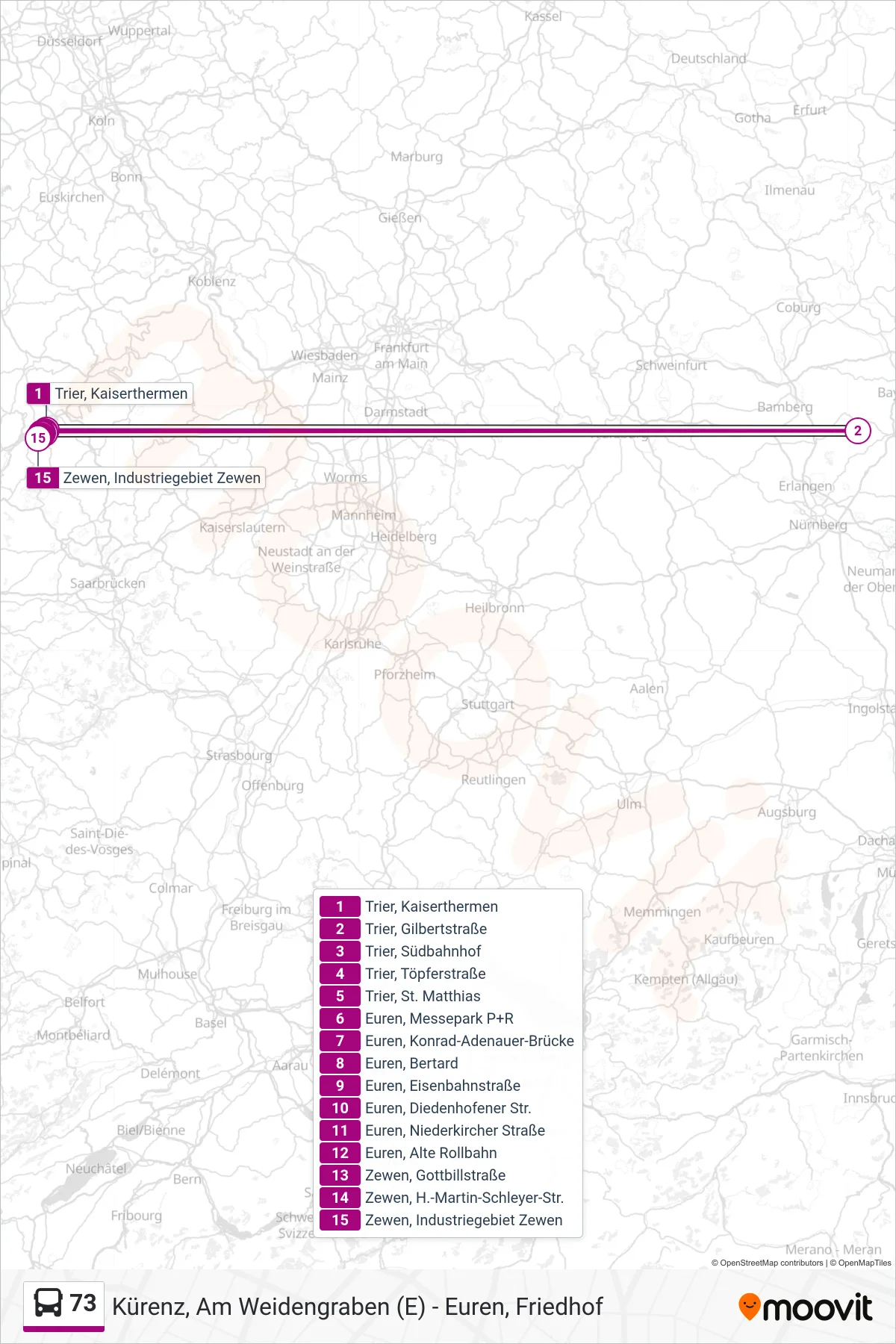Linie 73 (Bus) Richtung Zewen, Industriegebiet Zewen: Route und Haltestellen auf der Karte