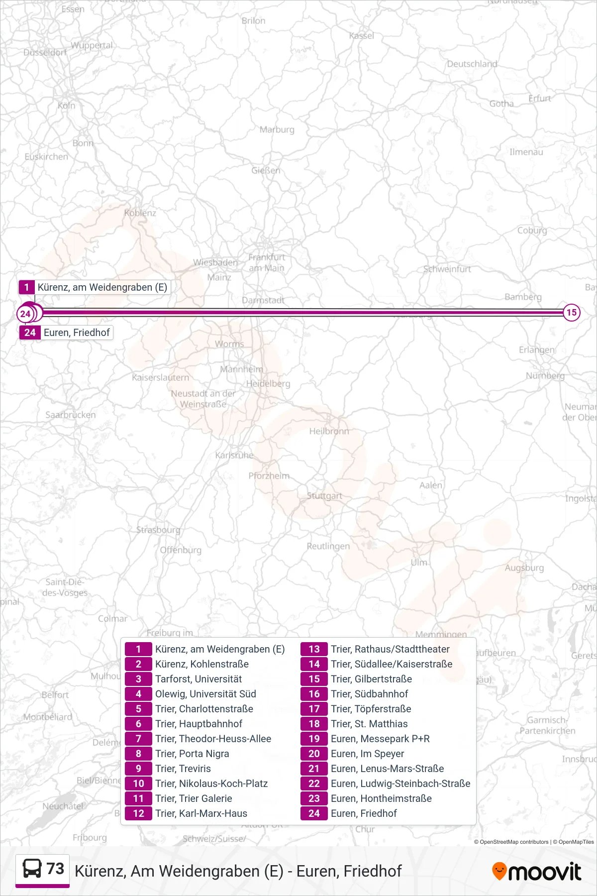 73 bus Line (Euren, Friedhof) route and stops on a map