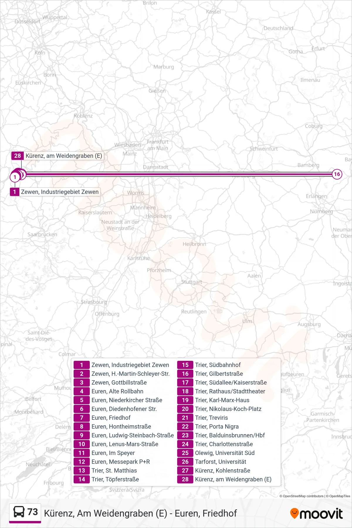 73 bus Line (Kürenz, am Weidengraben (E)) route and stops on a map