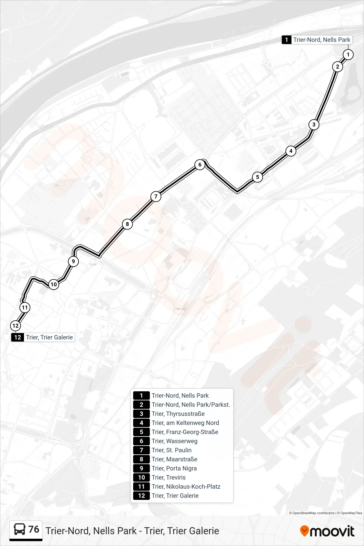 Linie 76 (Bus) Richtung Trier, Trier Galerie: Route und Haltestellen auf der Karte