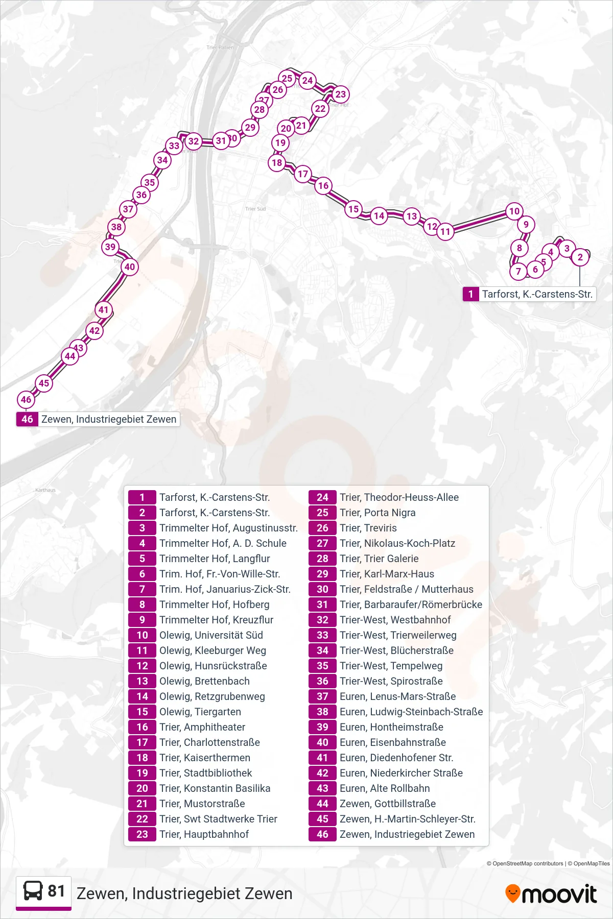 81 bus Line (Zewen, Industriegebiet Zewen) route and stops on a map