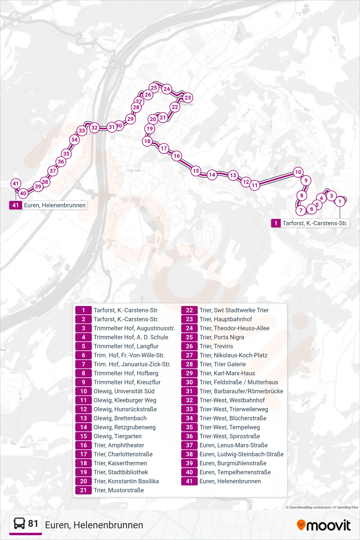 81 bus Line (Euren, Helenenbrunnen) route and stops on a map