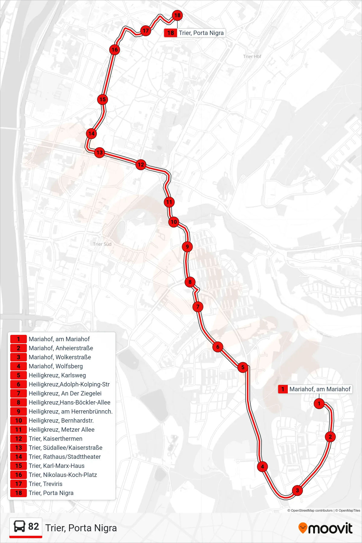 Linie 82 (Bus) Richtung Trier, Porta Nigra: Route und Haltestellen auf der Karte