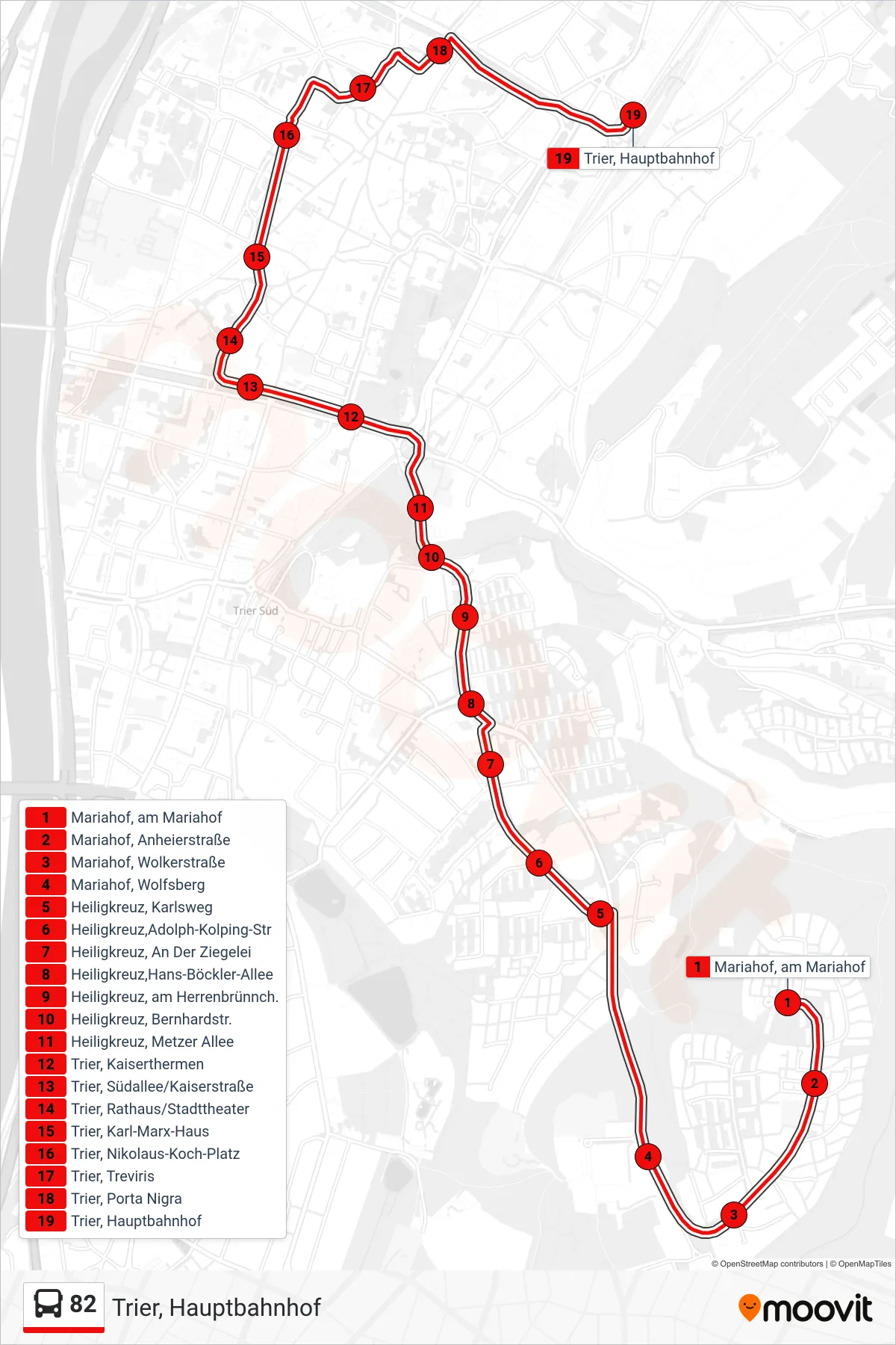 82 bus Line (Trier, Hauptbahnhof) route and stops on a map